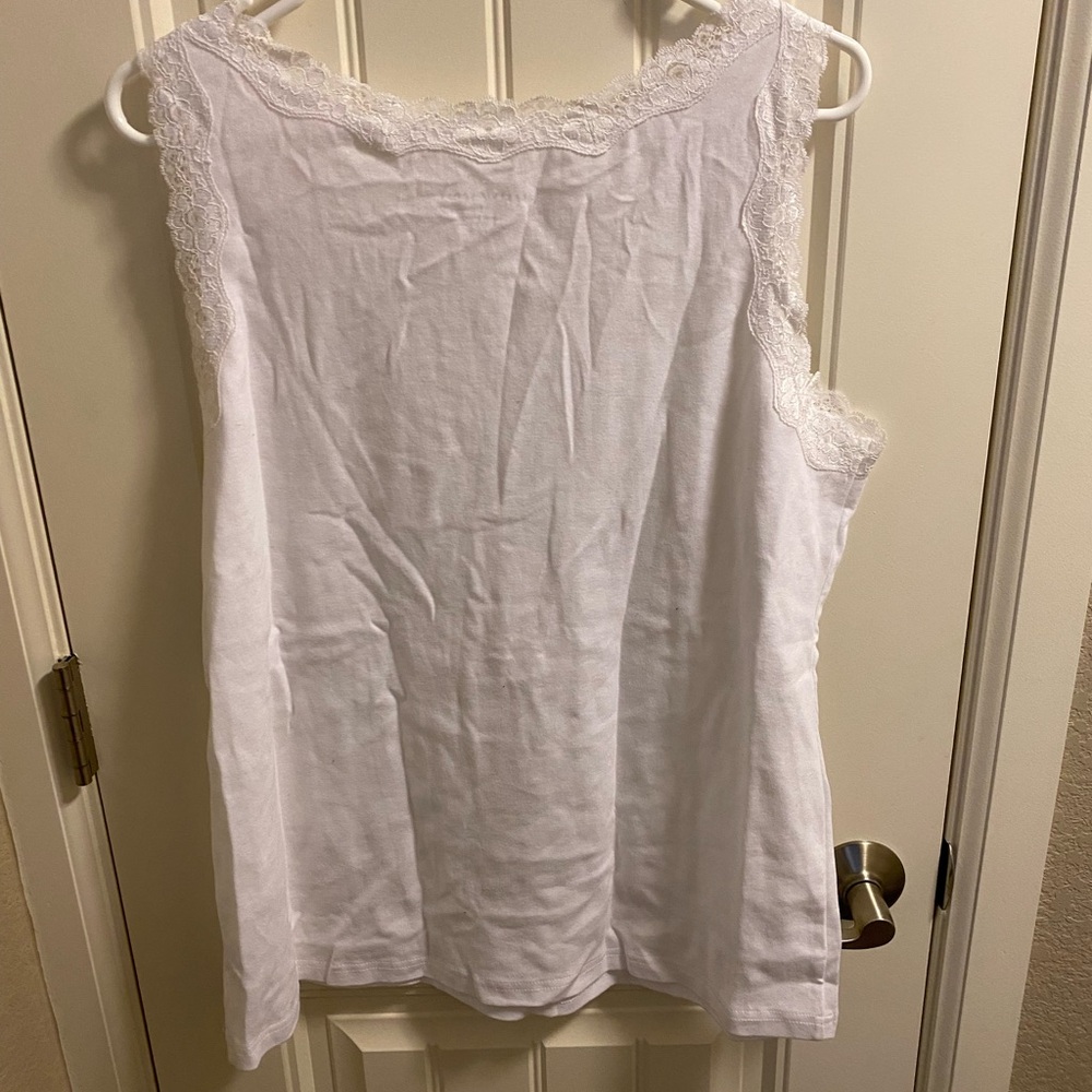 NWT Karen Scott XL Top Lace Trim Tank Sleeve Shirt Stretch White Macys - Picture 7 of 7